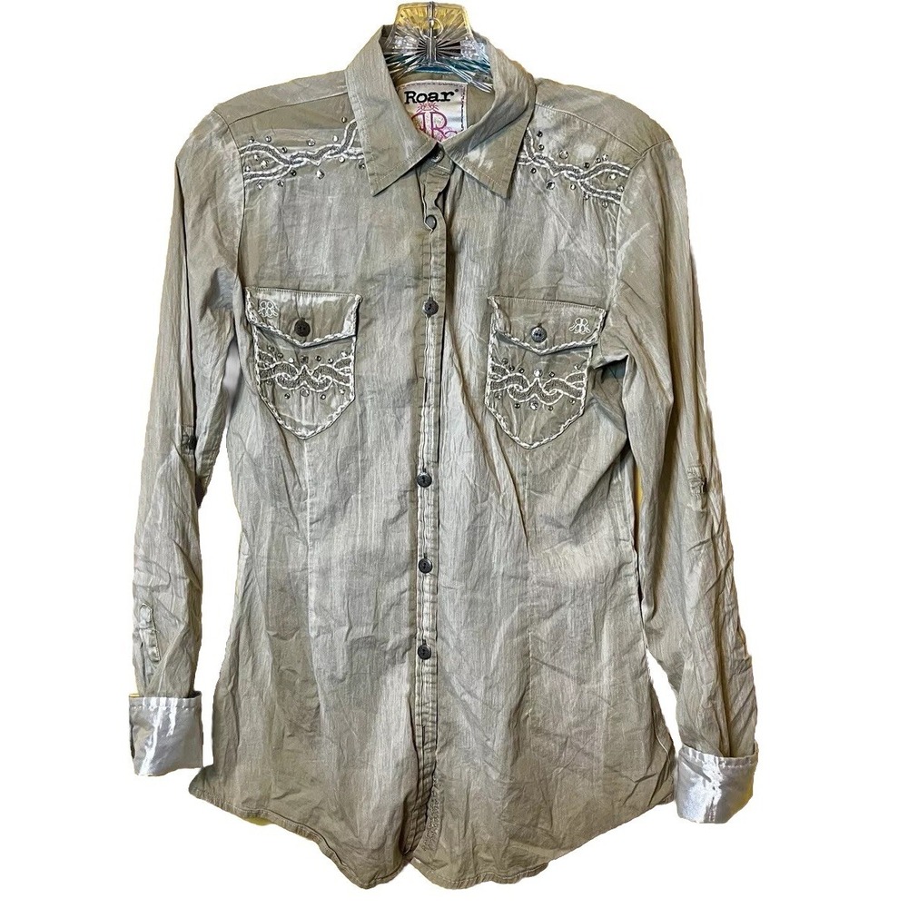 Roar‎ Destined To Western Blouse Women's SZ Small Rhinestones Embroidered Rodeo